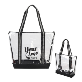 custom clear tote bag with blue trim, top zippered compartment, and an imprint saying micheal's sporting goods