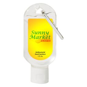 clear hand sanitizer with silver carabiner and an imprint of a yellow background and text saying sunny market cafe