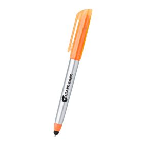 orange highlighter pen with a stylus, silver barrel, and an imprint saying Clark Bank