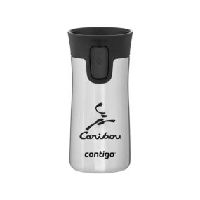 silver contigo tumbler with a black lid and an imprint saying caribou with the contigo logo below it