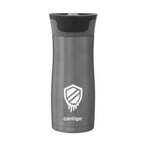 black stainless steel contigo bottle with black and gray top and an imprint of a shield dripping