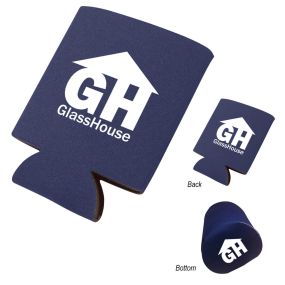 navy koozie can cooler with an imprint on the front, back, and bottom saying GH glass house