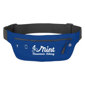 Blue fanny pack with adjustable strap, key pocket, earbud slot, and zippered main compartment