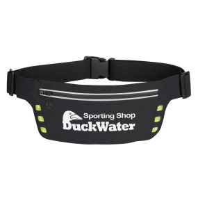 personalized fanny pack with adjustable strap, reflective lights, earbud slot, and zippered main compartment