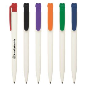 Antibacterial pen with colored clip in red, black, purple, orange, green, and blue