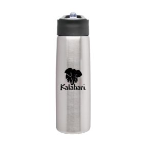 silver stainless steel bottle with black lid and an imprint with an elephant and text below saying kalahari