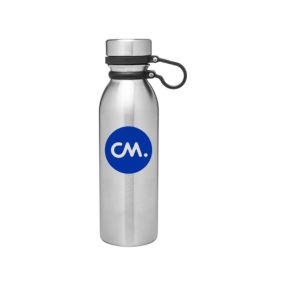 stainless steel bottle with black strap and a blue circle imprint with the inside saying cm.
