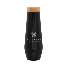 blue insulated bottle with bamboo lid and an imprint saying allabban fashion