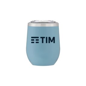light blue tumbler with a plastic lid and an imprint saying tim