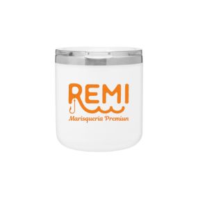 White mini tumbler with plastic lid and an imprint saying remi marisqueria premium
