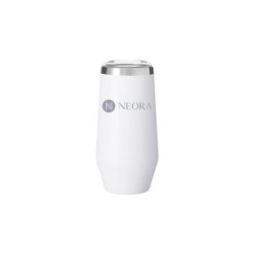 white mini tumbler with plastic top lid and an imprint saying neora