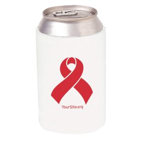 white koozie can cooler with a can inserted and an imprint on the front with a red ribbon and yoursite.org text below