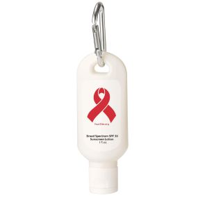 white sunscreen bottle with silver carabiner and an imprint of a red ribbon with text below saying yoursite.org