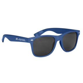 personalized blue sunglasses with imprint on the left side of sunglasses saying international design academy