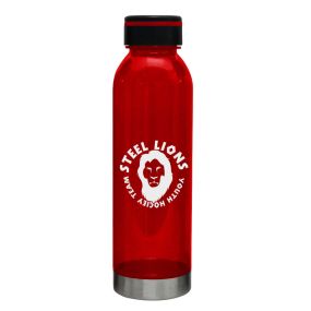 personalized red plastic bottle with black lid and silver bottom and an imprint steel lions youth hockey team