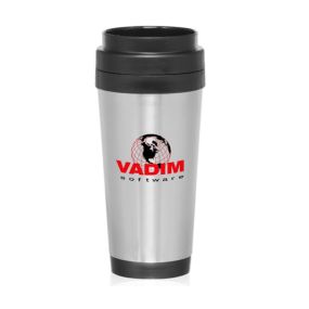silver tumbler with black bottom and top and an imprint of the global map and text saying vadim software