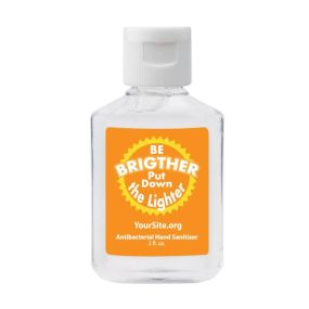 clear hand sanitizer bottle with a white cap and an imprint of a orange background and a sun with text inside saying be brighter put down the lighter