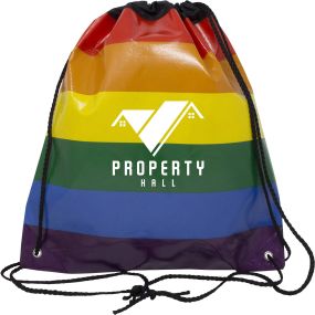 rainbow drawstring bag with imprint of houses and text below saying property hall
