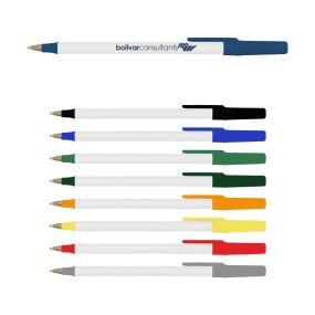 white barrel pens with trims in blue, black, navy, green, dark green, orange, yellow, red, and gray