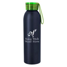 black aluminum water bottle with a green lid with a silicone strap and an imprint saying Song Birds Music Store