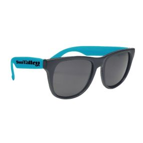 black sunglasses with teal temples and an imprint saying Sun Valley