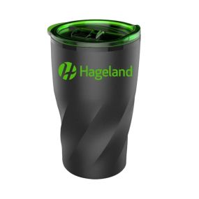 black tumbler with a twist design and green translucent lid and an imprint saying Hageland