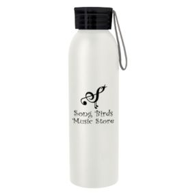white aluminum bottle with a black lid attached to a gray silicone strap and an imprint saying Song Birds Music Store