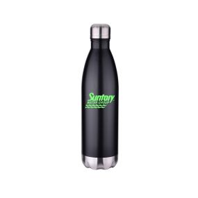 black stainless steel bottle with silver cap and bottom and an imprint saying Suntory water group