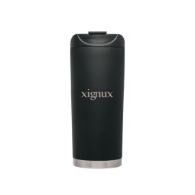 a black stainless steel tumbler with an imprint saying xignux