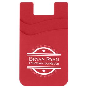 red dual pocketed cell phone wallet with an imprint saying bryan ryan education foundation