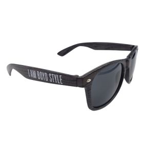 charcoal sunglasses with an imprint saying I AM BOYD STYLE