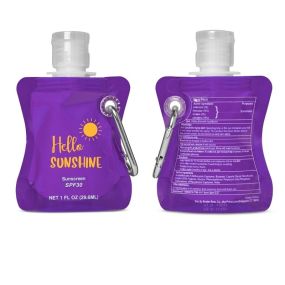 purple collapsible water bottle with a clear lid and a metal carabiner with an imprint on the front saying Hello Sunshine