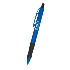 personalized blue pen with clip holder, black grip and plunge, and an imprint saying shackle orthopedic