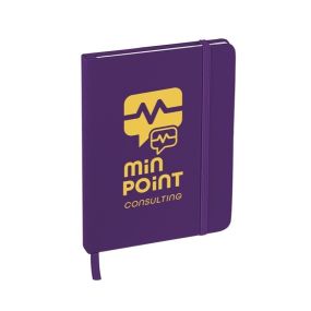 a purple journal with matching colored elastic band and bookmark with an imprint saying Min Point Consulting