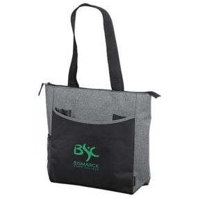 gray and black tote bag with a front pocket, side mesh pocket, and main zippered compartment with an imprint on the front saying Bismarck State College