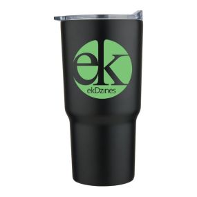 black stainless steel tumbler with a clear lid and an imprint saying EK  and text below saying ekDzines