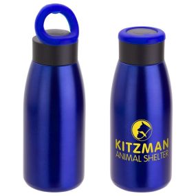 blue stainless steel bottle with a black lid attached to a blue carrying handle and an imprint saying Kitzman Animal Shelter