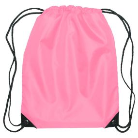 pink drawstring bag with black drawstring straps and metal gussets