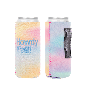 rainbow koozie with a can inserted and an imprint on the front saying your logo here