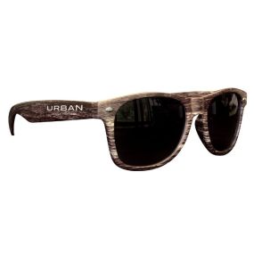 dark wood tone sunglasses with an imprint saying URBAN Design For Less
