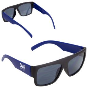 black sunglasses with blue temples and an imprint on the side saying Star Sports