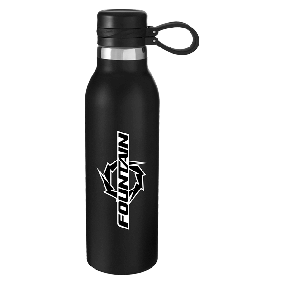 black insulated bottle with black strap and lid and an imprint with saying fountain