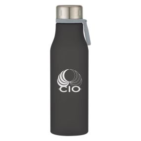 personalized black plastic bottle with silver lid, gray carry handle, and an imprint saying cio