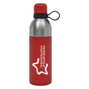 a red stainless steel bottle with a silicone strap, matching lid, and an imprint saying united educators of South Dakota