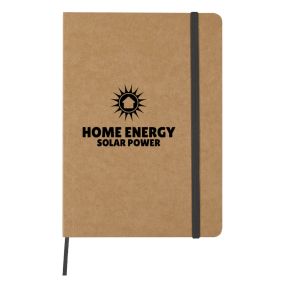 Eco-inspired journal with black bookmark and strap and an imprint saying home energy solar power