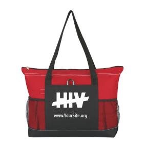 black tote bag with red carrying handles and base with an imprint on the front saying hiv with a dash across it and yoursite.org text below