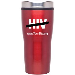 red stainless red tumbler with a silver lid and an imprint saying hiv with a black dash across it and www.yoursite.org text below it