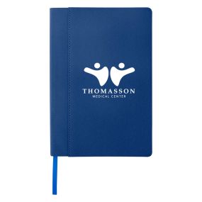 a blue journal with a matching colored bookmark and an imprint saying Thomasson Medical Center