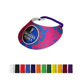 foam visor with a magenta background and blue flowers imprinted with a black and blue logo in front saying shakers vodka with a penguin on top
