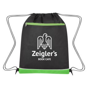 personalized black drawstring bag with green trim and zippered compartment